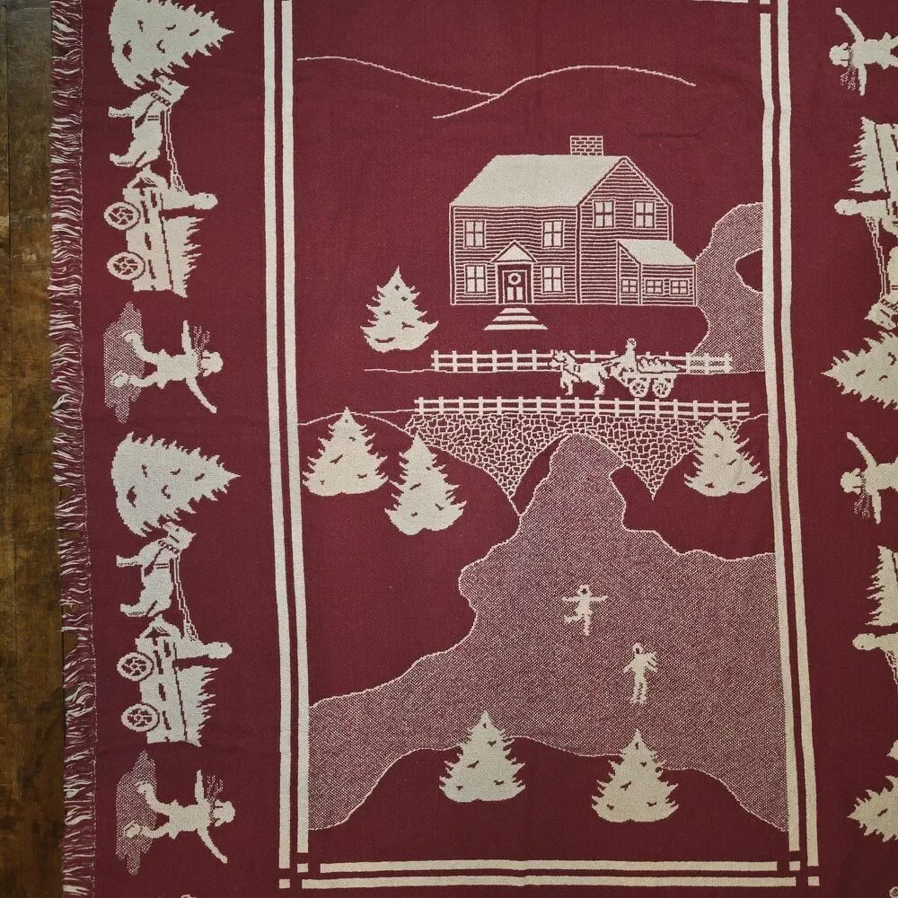 VTG Christmas Tree House Sleigh Holly Tapestry Blanket Throw Grandmacore 45X59